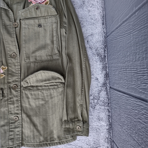 Topshop Ethan Rose Appliqué Utility Jacket Army Green Size 6 - Picture 6 of 11